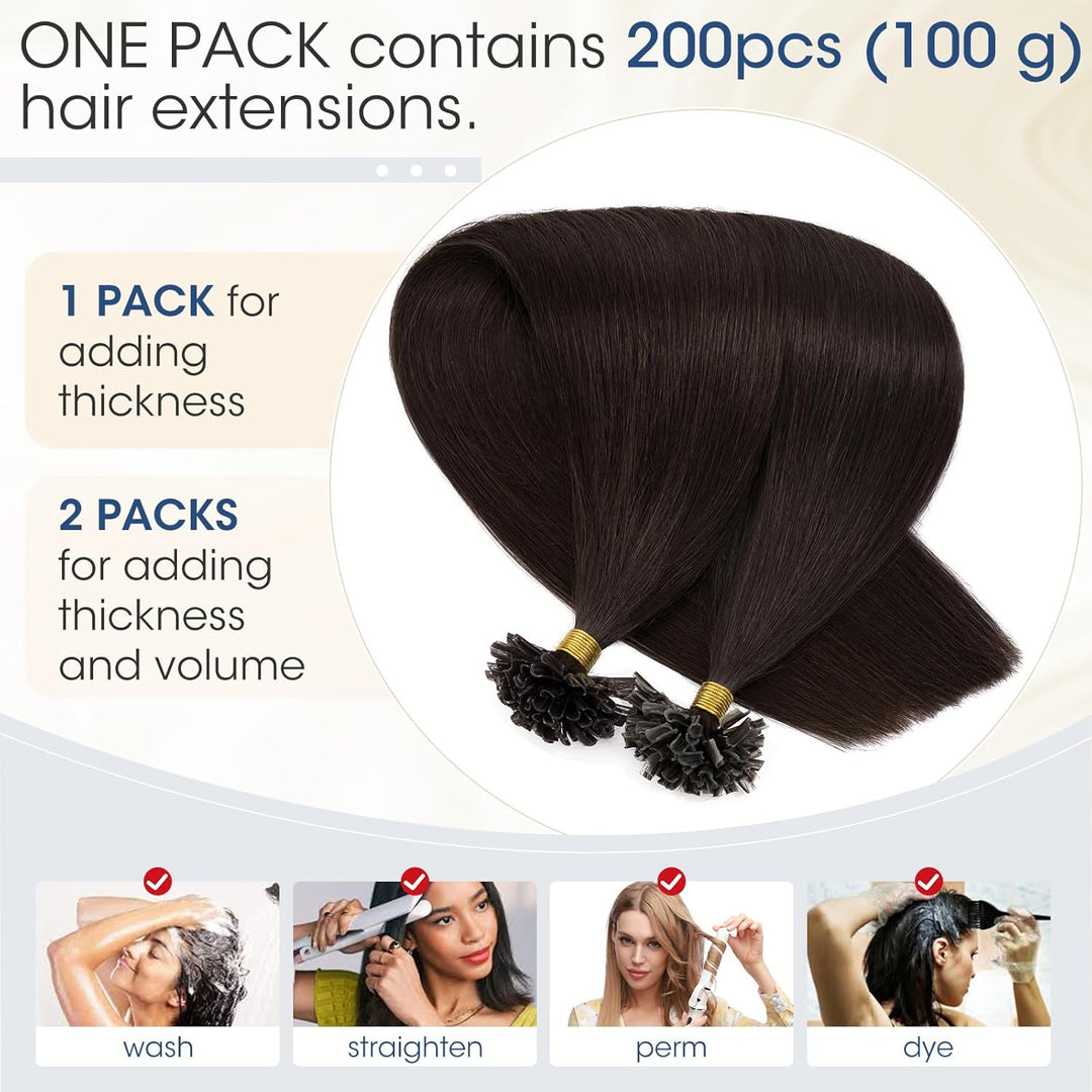 Elailite Extensions Bondings Echthaar 200 Strähne 55cm #2 Dunkelbraun, U Tip Hair Extensions Keratin