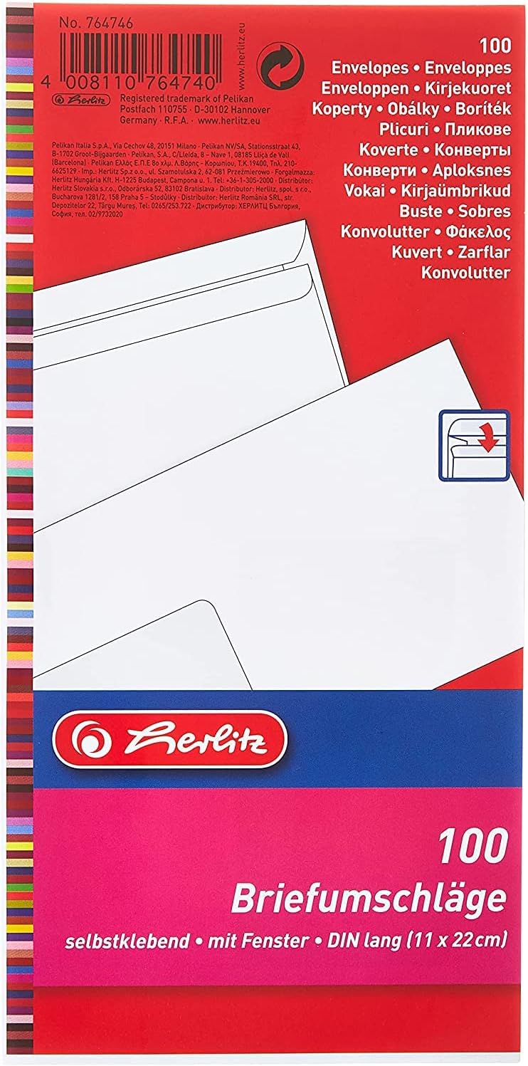 Herlitz Briefumschlag DIN Lang Selbstklebend, 100 Stück mit Innendruck in Folienpackung, eingeschwei
