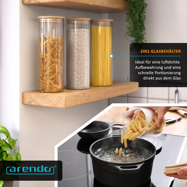 Arendo - Vorratsgläser mit Deckel 2 Liter - 3er Set - 10 x 28 cm / - Glasbehälter aus Glas – hitzebe