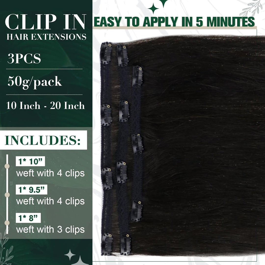 RUNATURE Clip in Extensions Echthaar Schwarz 35cm 3pcs Echthaar Extensions Clip Seamless Haarextensi