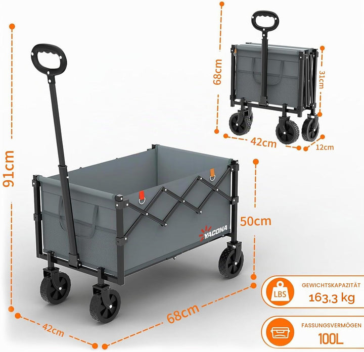 Bollerwagen Faltbar mit 4 verstärkten Rollen, Faltbarer Klappbarer Handwagen mit Griff, Bollerwagen