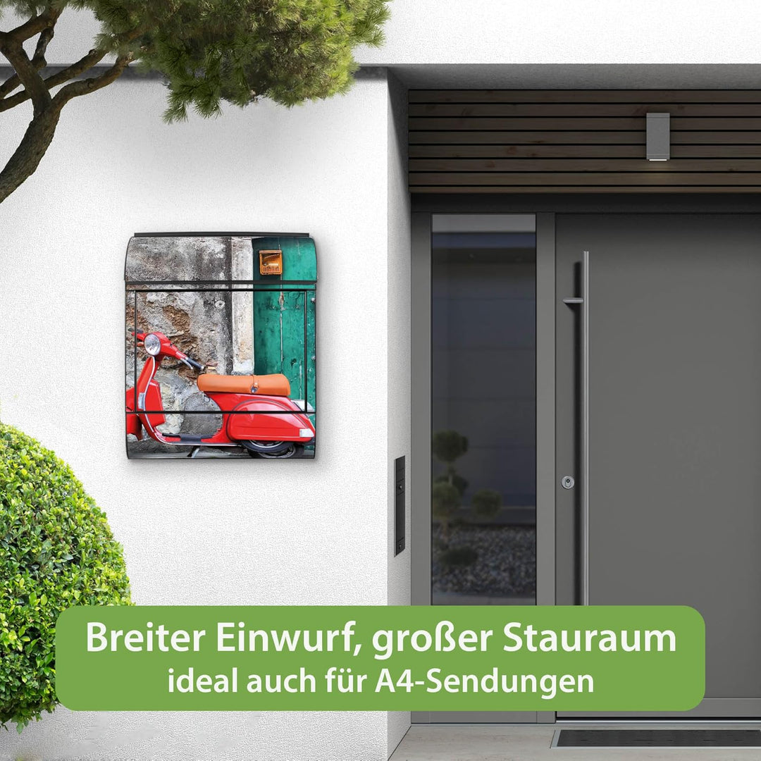 banjado® Design Briefkasten mit Motiv Italienischer Roller 39x47x14cm & 2 Schlüssel - Briefkasten St