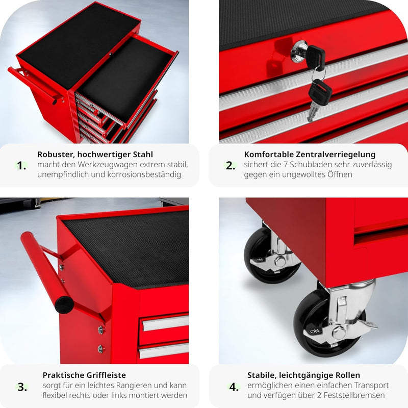 tectake Werkzeugwagen, Werkstattwagen, rollende Werkstatt, Werkzeugwagen leer, Werkzeugbox, 7 Schubf