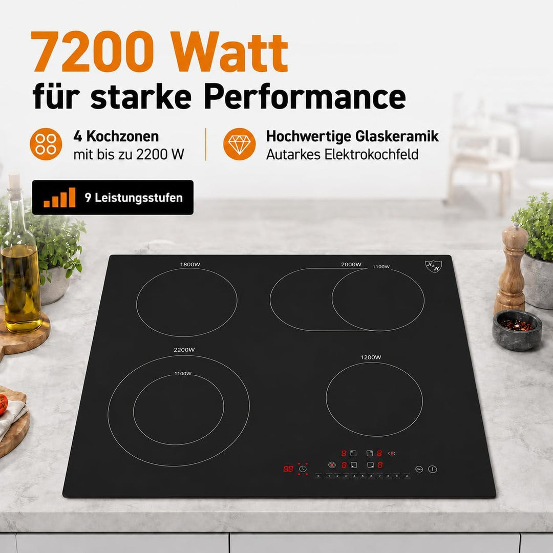 K&H® 4 Zonen Glaskeramikkochfeld 59cm Elektro Autark Eingebaut NC-7206