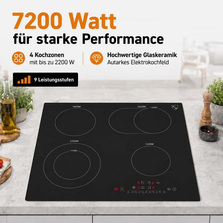 K&H® 4 Zonen Glaskeramikkochfeld 59cm Elektro Autark Eingebaut NC-7206
