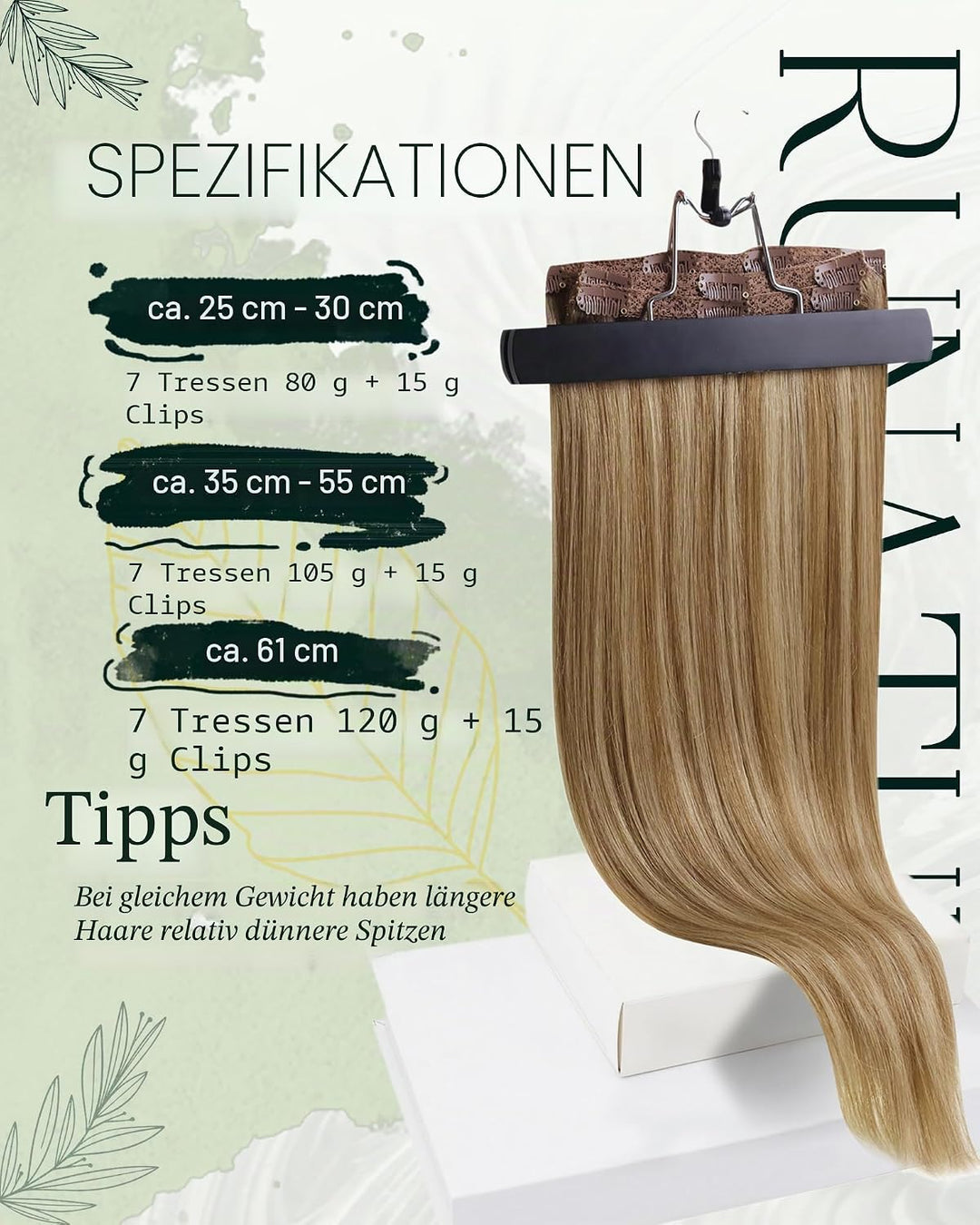 RUNATURE Clip in Extensions Echthaar Braun Hervorheben Blond Echthaar Extensions Clip 45cm Echte Haa