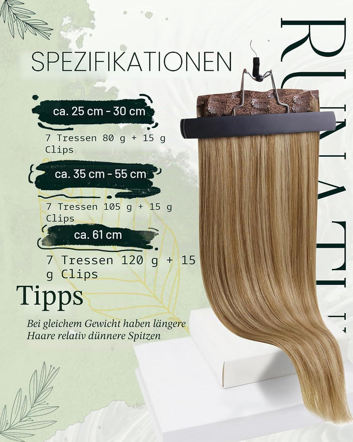 RUNATURE Clip Extensions Echthaar Braun Hervorheben Blond 50cm Clip in Extensions Echthaar Dunkelblo
