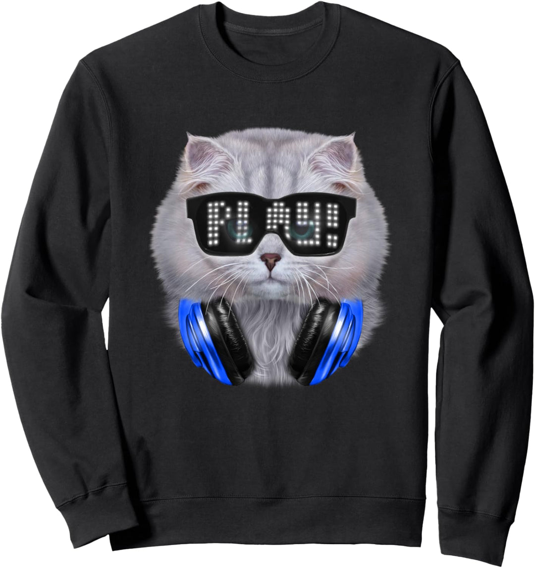 Weisse Katze, die Hipster-Sonnenbrille und Kopfhörer trägt Sweatshirt