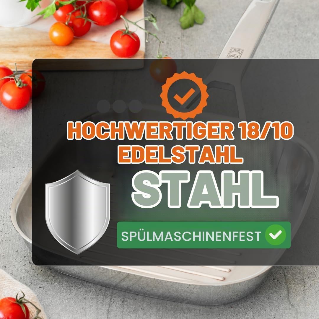 BRA Signature Grillpfanne mit Rillen, 28 cm, aus Edelstahl, ohne Antihaftbeschichtung, ergonomischer