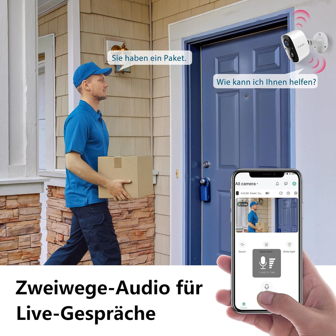 G-ELEK Sicherheitskamera Outdoor Kabellos 2K 3MP Weiss – Vollfarb-Nachtsicht, AI Erkennung (Mensch/T
