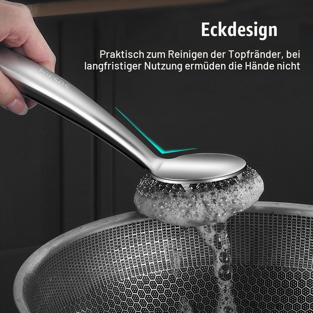Drahtschwamm Set mit Langem Griff, 5-teilig Schrubber aus Stahlwolle, Topfreiniger aus Metalldraht f
