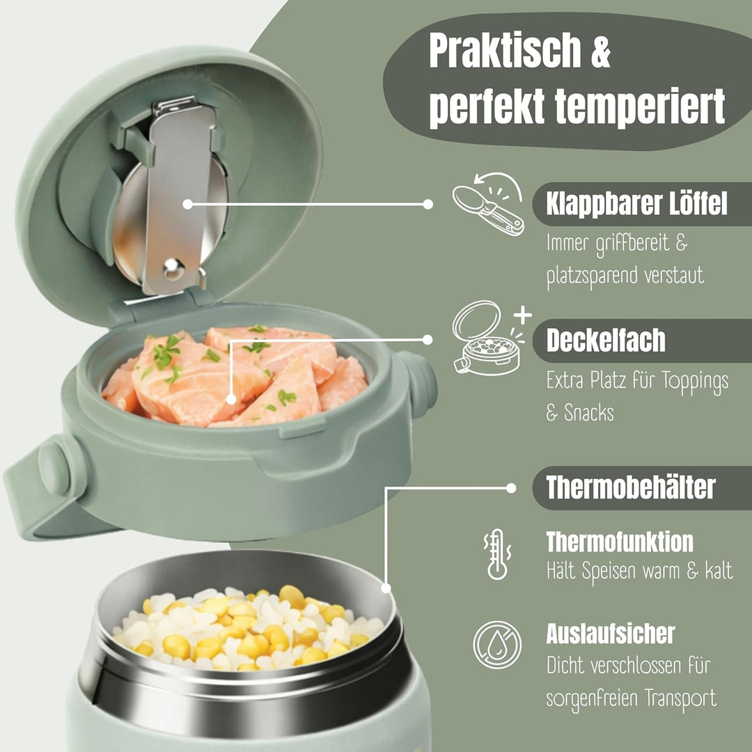 BEARFOOT Kinder Thermobehälter Edelstahl 500ml, BPA-frei (Koala - Grün) | Auslaufsicher, mit faltbar