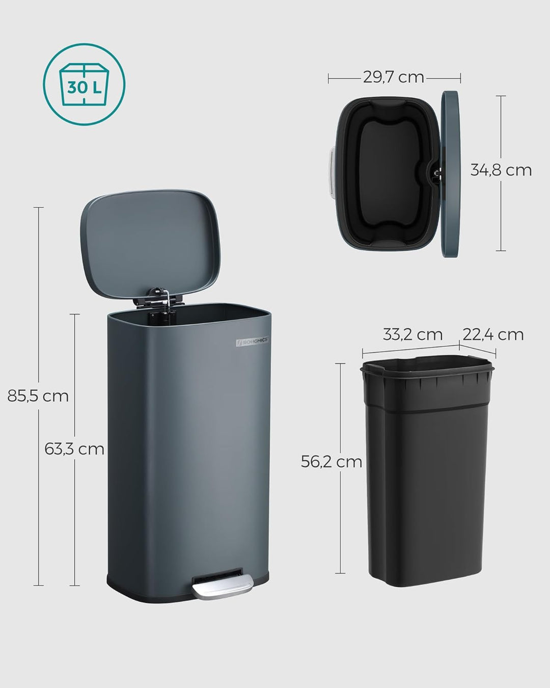 SONGMICS Mülleimer für die Küche, 30 L Abfalleimer mit Pedal, Treteimer mit Inneneimer aus Kunststof