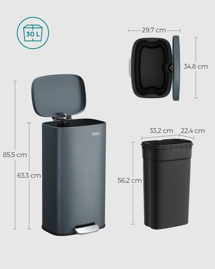 SONGMICS Mülleimer für die Küche, 30 L Abfalleimer mit Pedal, Treteimer mit Inneneimer aus Kunststof