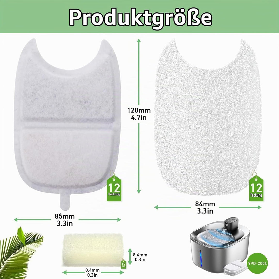 12 Set Katzenbrunnen Filter für 4L Trinkbrunnen,12 Stück Kohlefilter und 24 Stück Schaumstofffilter