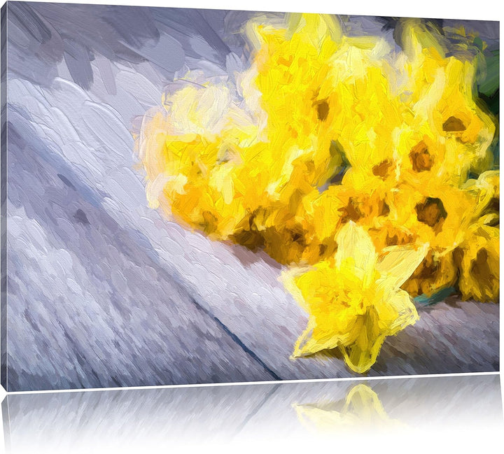 Pixxprint Bündel gelber Narzissen Kunst / 100x70cm Leinwandbild bespannt auf Holzrahmen/Wandbild Kun