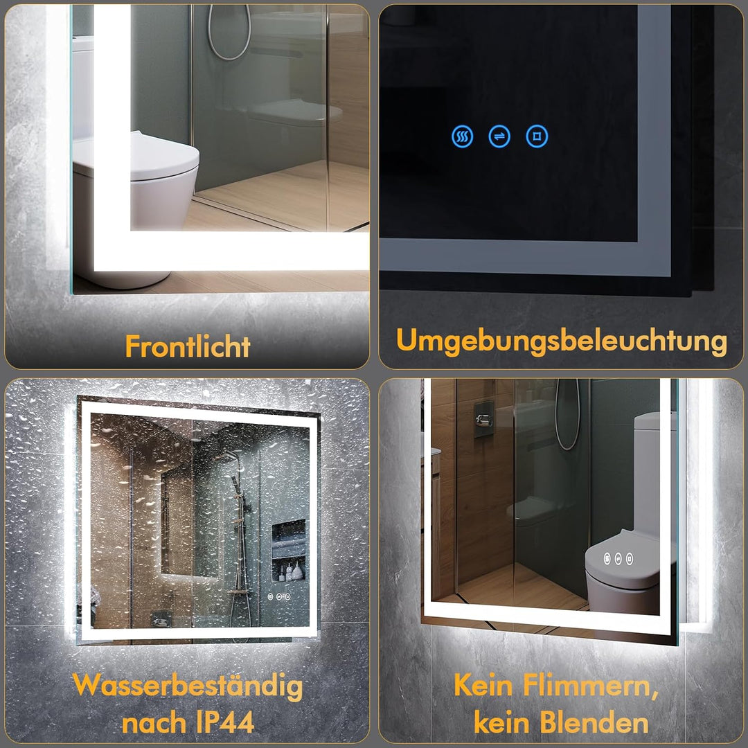 Badezimmerspiegel mit Beleuchtung, 80x60cm LED Spiegel mit Licht, 3 Farben Dimmbar, Antibeschlag, Me