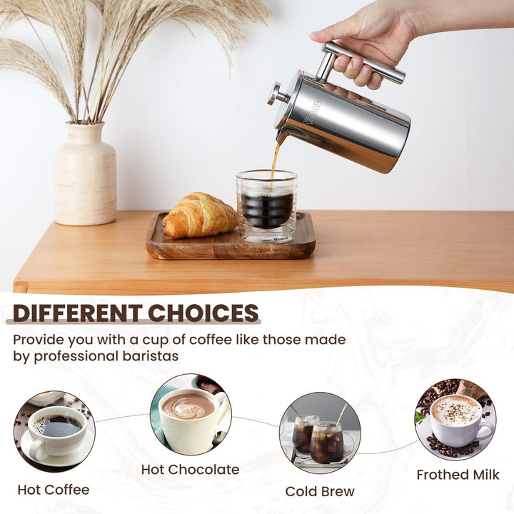 Velaze French Press Edelstahl Kaffeebereiter, 350ML Kaffeezubereiter für 2-3 Tassen, Doppelwandige F