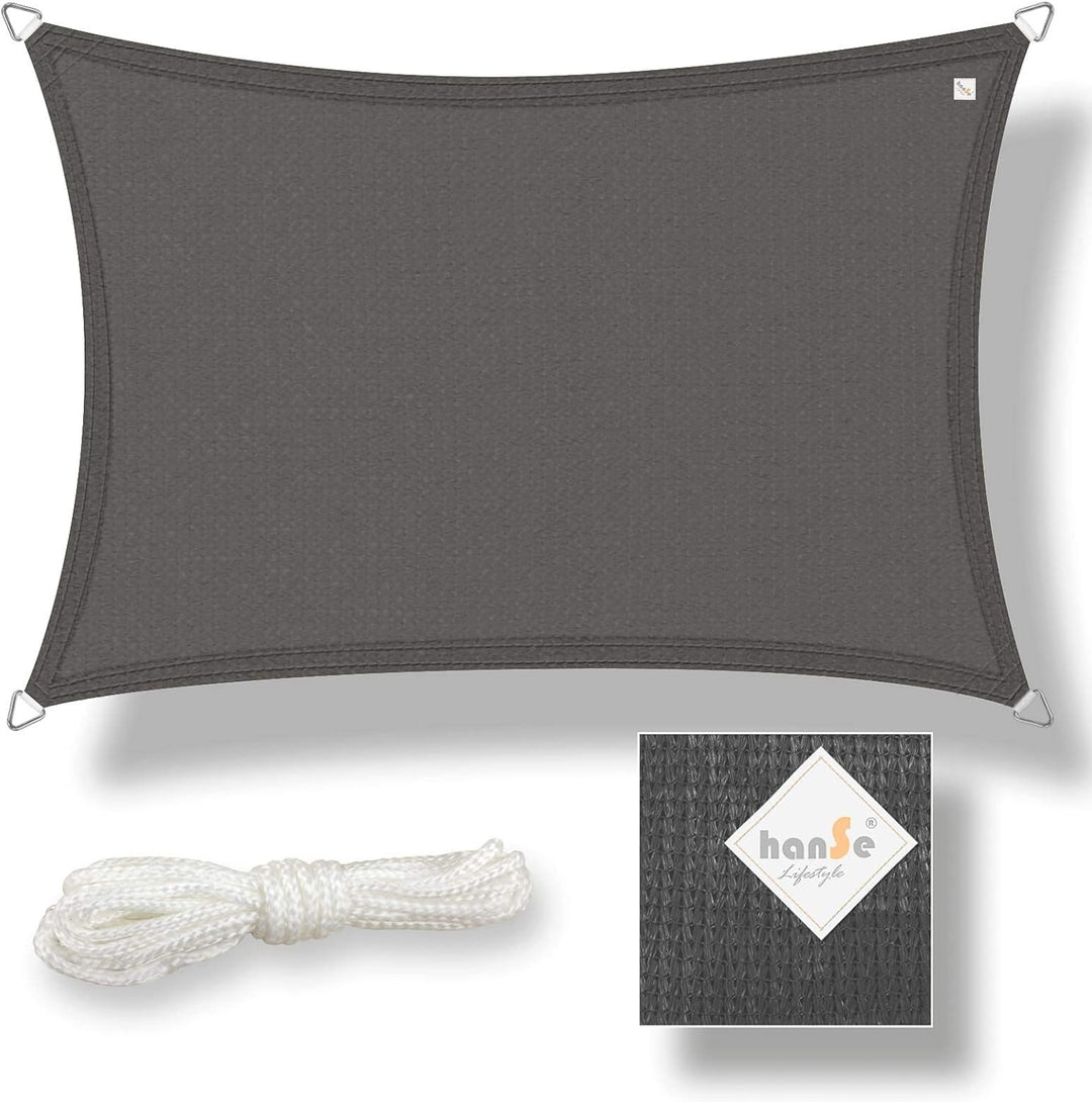 hanSe Sonnensegel rechteckig, Segeltuch Rechteck, 2,5x4m in Graphit, aus HDPE Gewebe, wetterbeständi