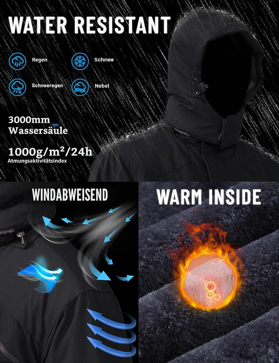 TACVASEN Herren Winter Wasserdichte Winddichte Winterjacke Warme Fleece-Futter Ski Regenmantel mit K