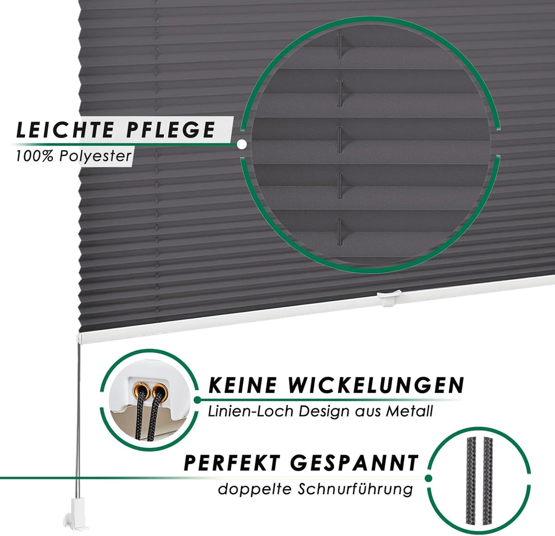 Allesin Plissee ohne Bohren Plissees Klemmfix Anthrazit 40x80cm(BxH), Plisseerollo Faltrollo mit Kle