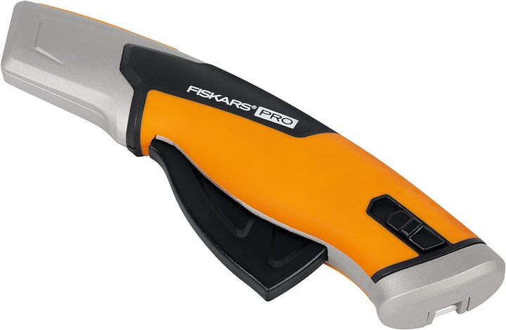 Fiskars Pro Sicherheits-Universalmesser mit einziehbarer Klinge, Länge 17,7 cm, Rostfreier Stahl/Kun