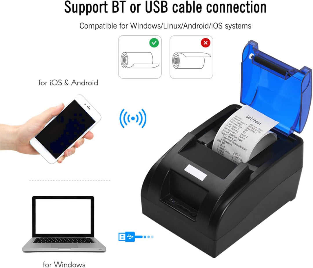 Bisofice HOIN Bondrucker 58-mm-Thermo-Bondrucker mit BT- und USB-Schnittstelle Hochgeschwindigkeits-