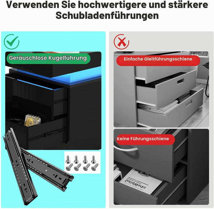 Lvhcmfohm Nachttisch Schwarz 2er Set, Nachtschrank mit Led Licht, Nachtkommode mit 2 Schubladen und