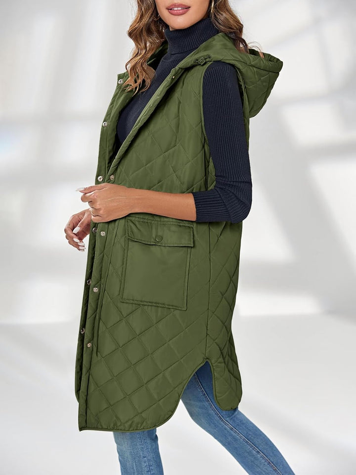 Wenrine Damen Weste Lang Ärmellose Winter Steppweste mit Kapuze und Taschen Casual S Armeegrün, S Ar