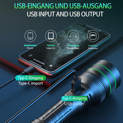 ASORT Taschenlampe LED Aufladbar Extrem hell 200000 Lumen, supergrosse Blende zoombare，Batteriebetri