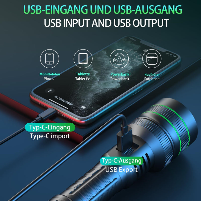 ASORT Taschenlampe LED Aufladbar Extrem hell 200000 Lumen, supergrosse Blende zoombare，Batteriebetri