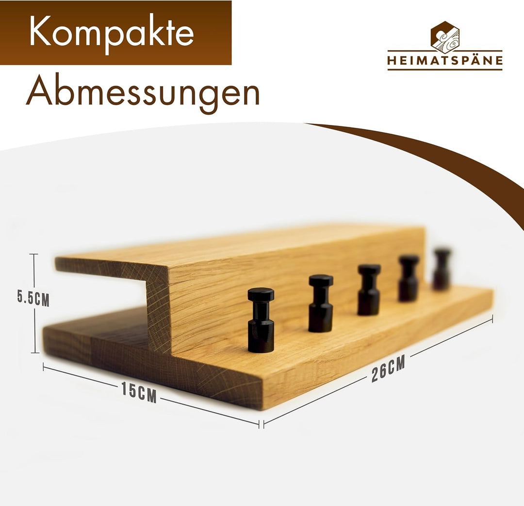 Schlüsselbrett Holz mit Ablage - massives Eichenholz, hochwertige schwarze Edelstahlhaken, Schlüssel