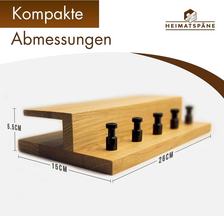 Schlüsselbrett Holz mit Ablage - massives Eichenholz, hochwertige schwarze Edelstahlhaken, Schlüssel