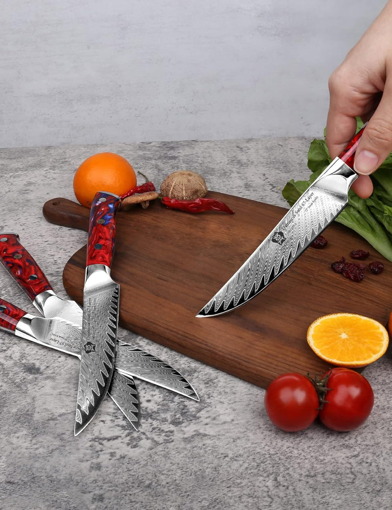 WILDMOK Steakmesser-Set mit 4 Damaststahl-Steakmessern 12,7cm, ultrascharf, gezahntes Steakmesser-Se