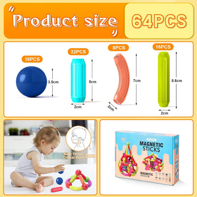 AOUVT 64 Pcs Magnetische Bausteine Spielzeug, 3D Konstruktions Spielzeug, Magnetspielzeug für Kinder