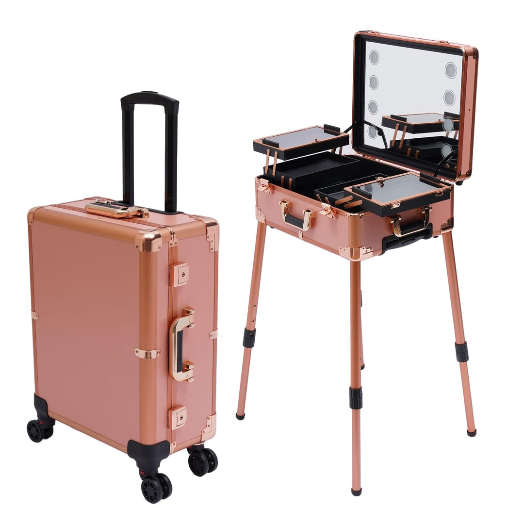 Kosmetikkoffer Trolley Schminkkoffer mit Beleuchtung & Spiegel, Make up Koffer mit verstellbare Bein