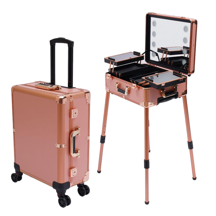 Kosmetikkoffer Trolley Schminkkoffer mit Beleuchtung & Spiegel, Make up Koffer mit verstellbare Bein