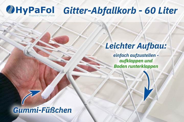 Hypafol Abfallkorb 60 Liter Fassungsvermögen | zum Hängen oder Stellen | Stabil, Weiss, aus Metall |