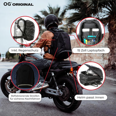 OG Original EZ-RiderPRO Motorrad Rucksack Schwarz Erweiterbar 28-35L, Motorradhelm-Tasche, Helm-Trag