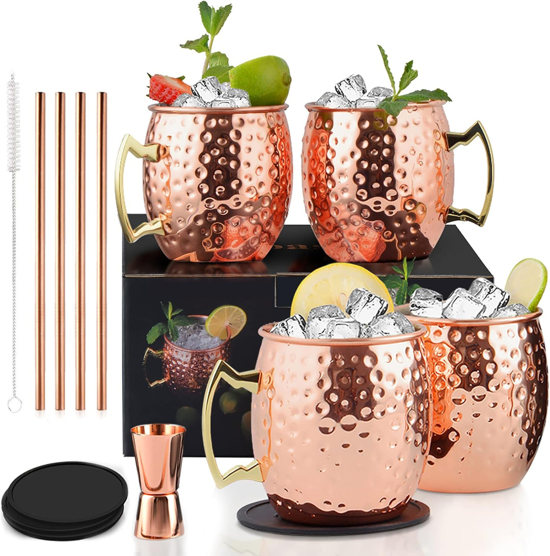 Yoassi Moscow Mule Becher, 4er Set Kupferbecher Moscow Mule Mug Kupfer Becher ink. 4 x Silkon Unters