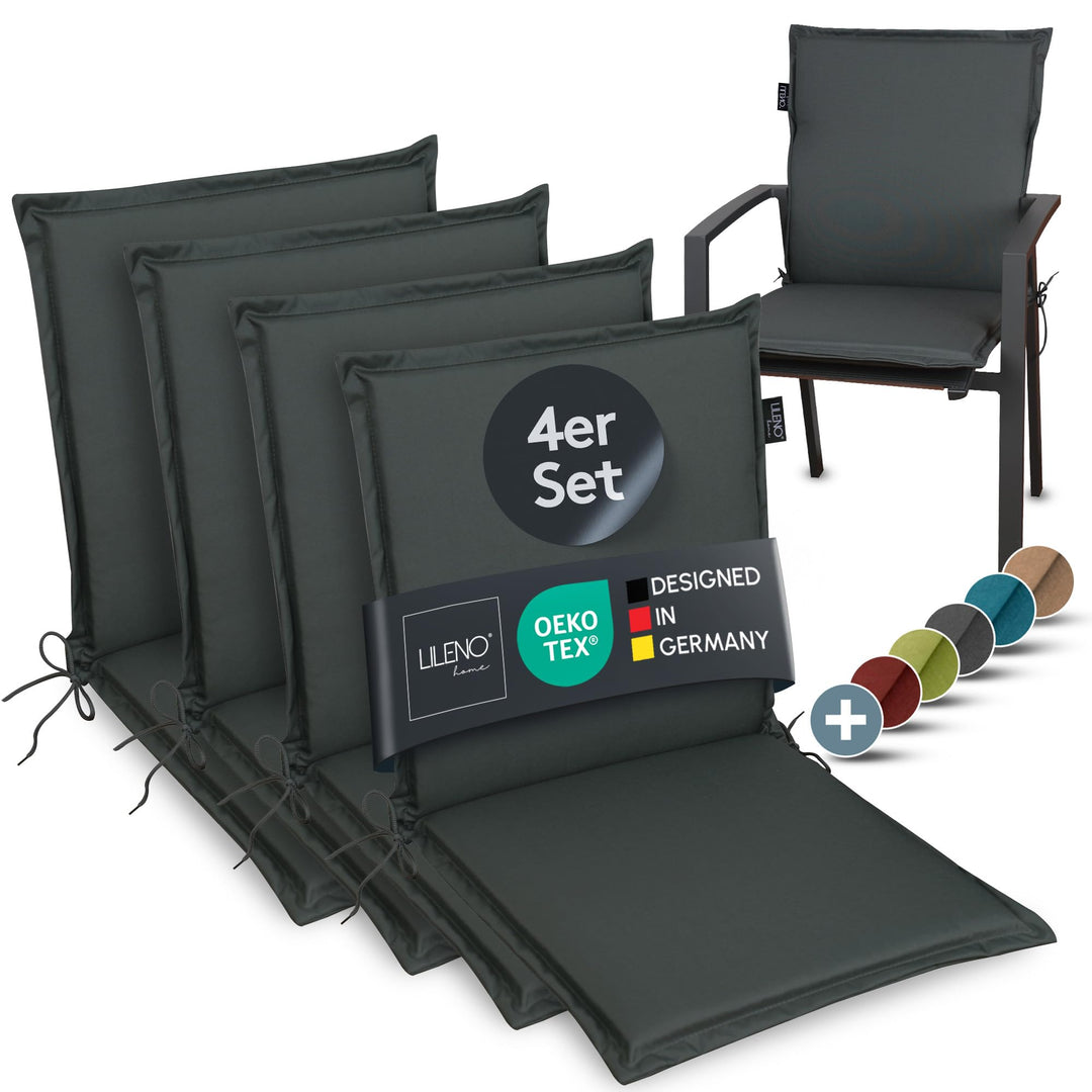LILENO HOME Gartenstuhl Auflagen [4er Set - Niedriglehner] in Anthrazit - Bequeme Liegen als Sitzauf