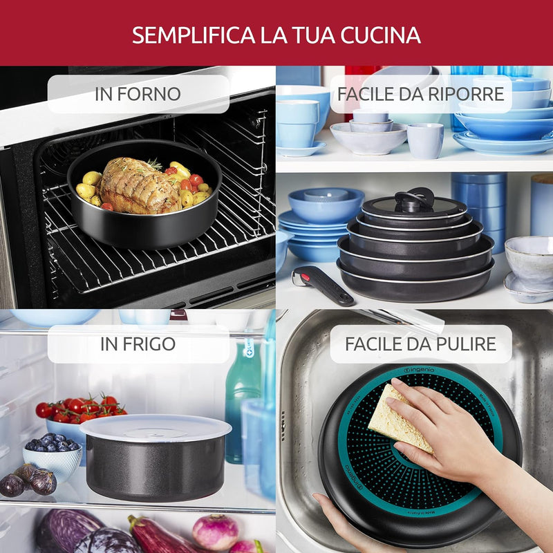 Lagostina Ingenio Essential Plus Akku für Töpfe, Aluminium für Gas und Backofen, 17 Stück, 2 Töpfe,