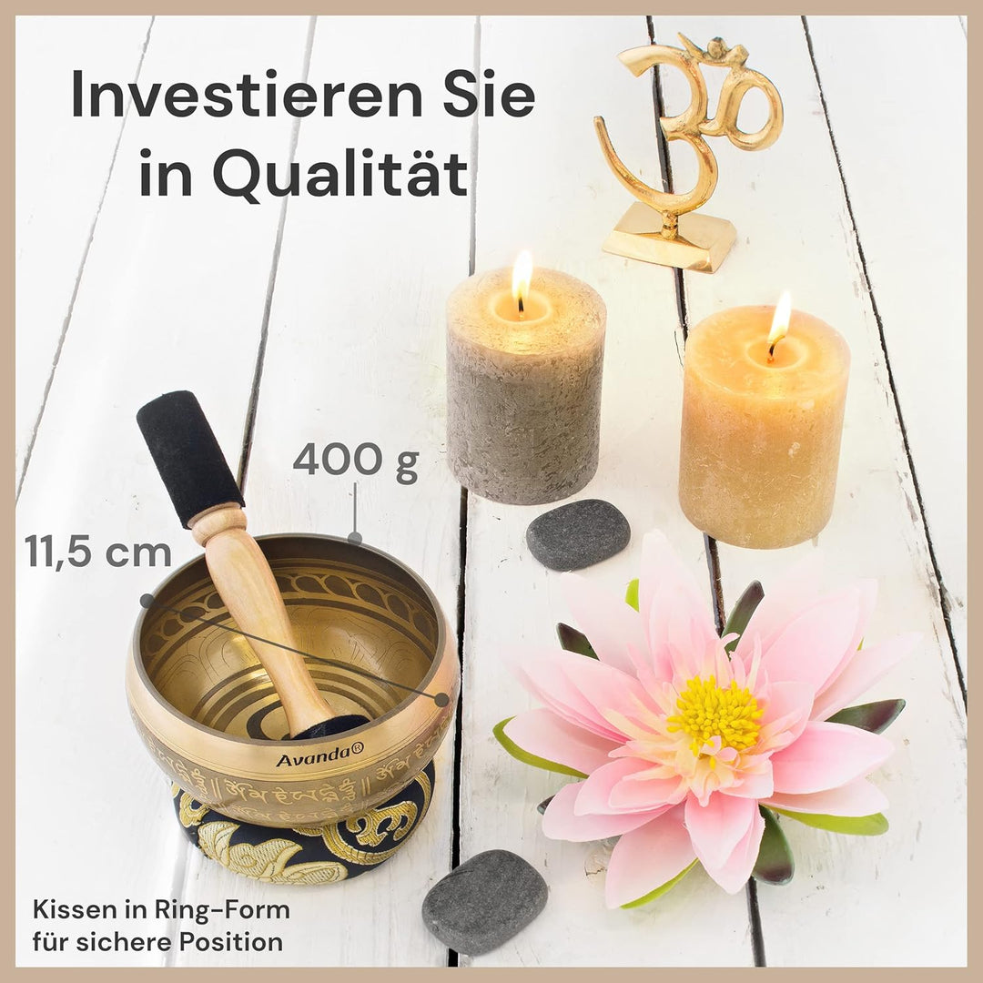 Tibetisches Klangschale-Set Om für Yoga, Meditation und Entspannung - handbemalte Tibetische Klangsc
