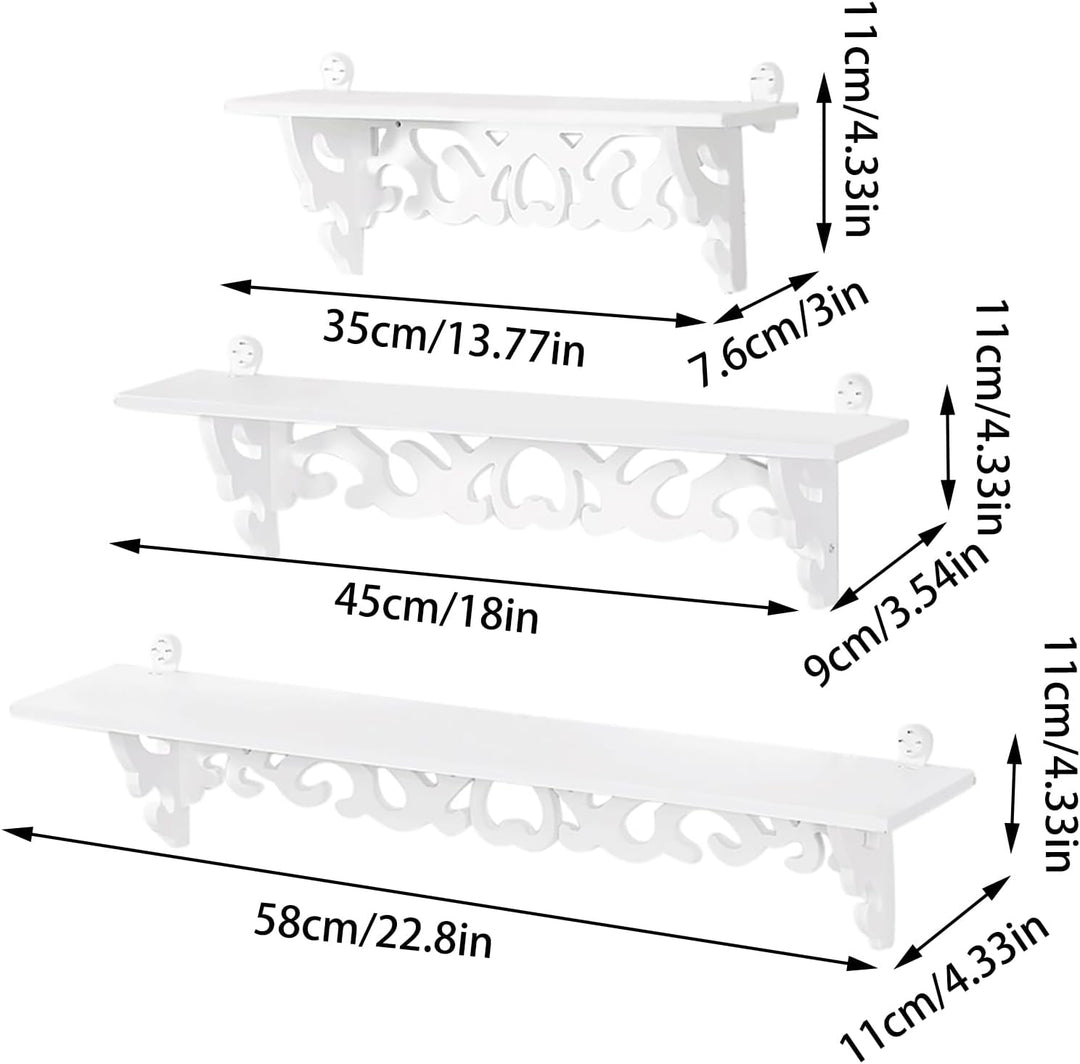Acouto Display-Wandregal, weiss, 3 Shabby, Schwebendes, Dekoratives, Geschnitztes Aufbewahrungsregal