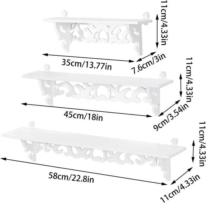 Acouto Display-Wandregal, weiss, 3 Shabby, Schwebendes, Dekoratives, Geschnitztes Aufbewahrungsregal