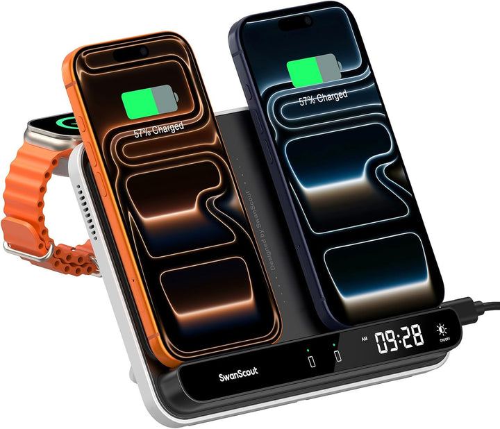 SwanScout Dual Ladestation für iPhone 17/Air/16/15/14/13/12/11, Induktive Ladestation für Apple Watc
