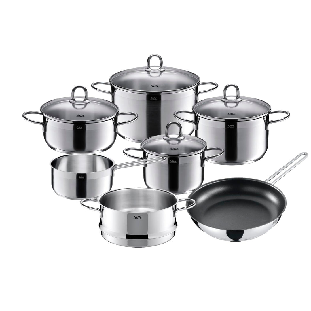Silit Diamant Topfset Induktion 7-teilig, Kochtopf Set mit Glasdeckel, Pfanne, Dämpfer, Edelstahl po