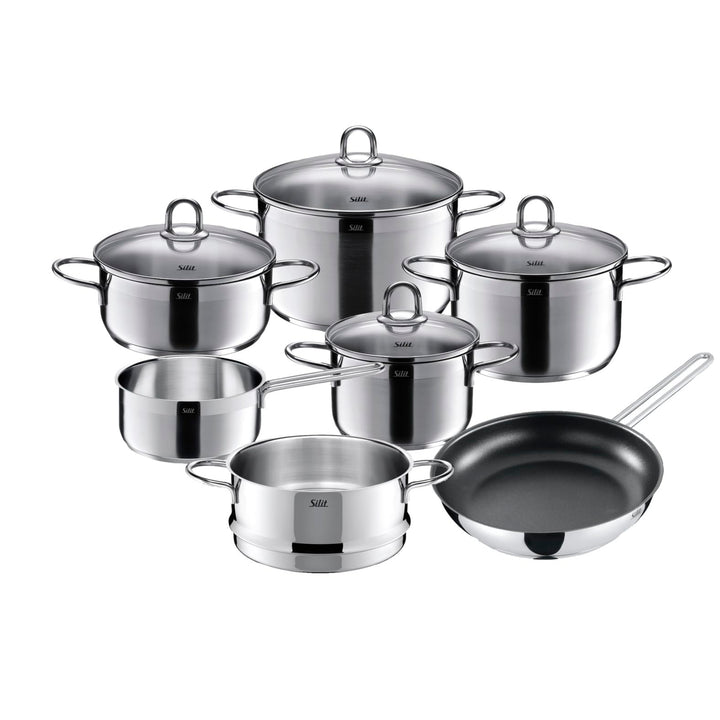 Silit Diamant Topfset Induktion 7-teilig, Kochtopf Set mit Glasdeckel, Pfanne, Dämpfer, Edelstahl po