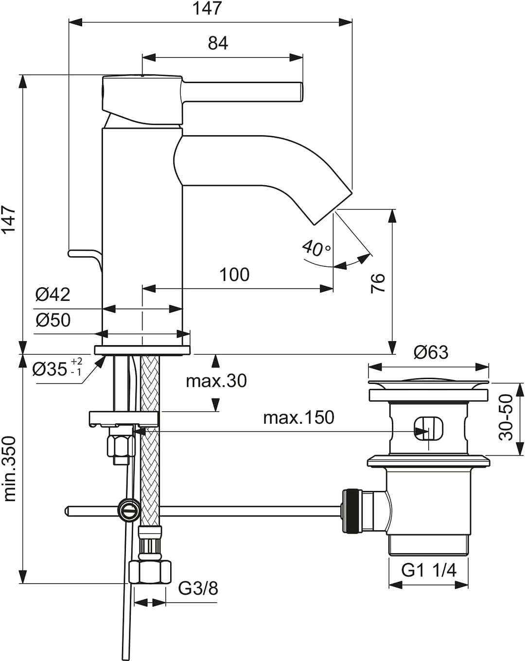 Ideal Standard BC193XG Ceraline Waschtischarmatur H75 mit Zugstangen-Ablaufgarnitur, Ausladung 10 cm