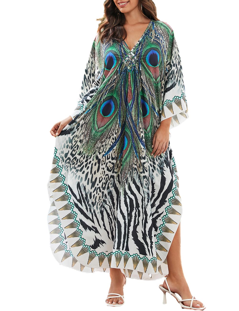 Bsubseach Frauen Plus Grösse Kaftan Kleid Badeanzug Druck Kaftan Strand Cover Up Kleid Pfau, Pfau